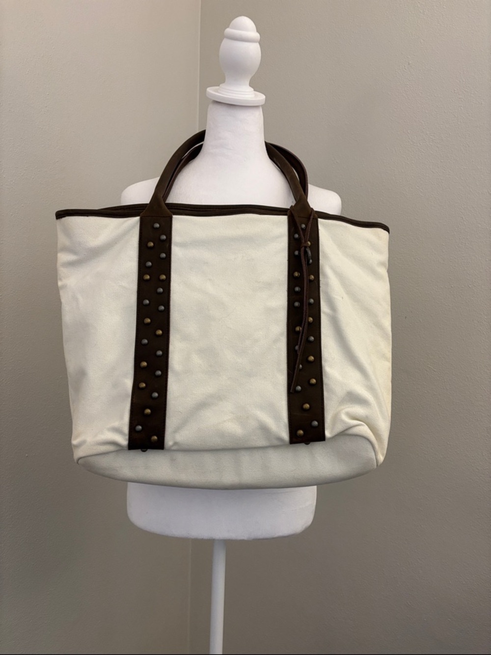 Brown Leather and Canvas Tote Bag with Studded Trim - White